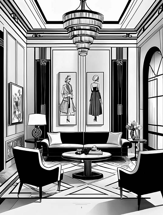 Intérieur architectural élégant inspiré de l’Art déco illustrant l’intégration décorative des surfaces céramiques