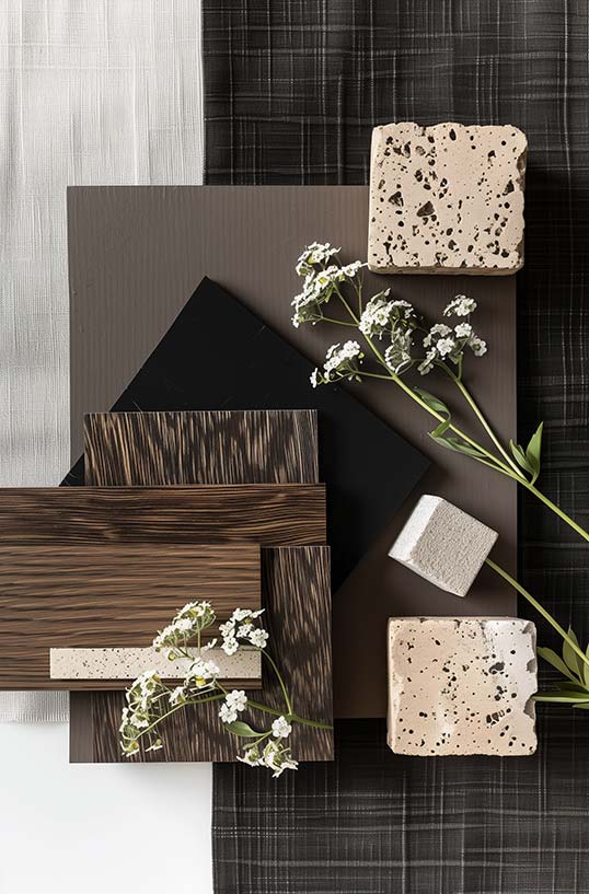 Palette de matériaux et échantillons décoratifs sur plan de travail, inspiration pour projet architectural sur mesure