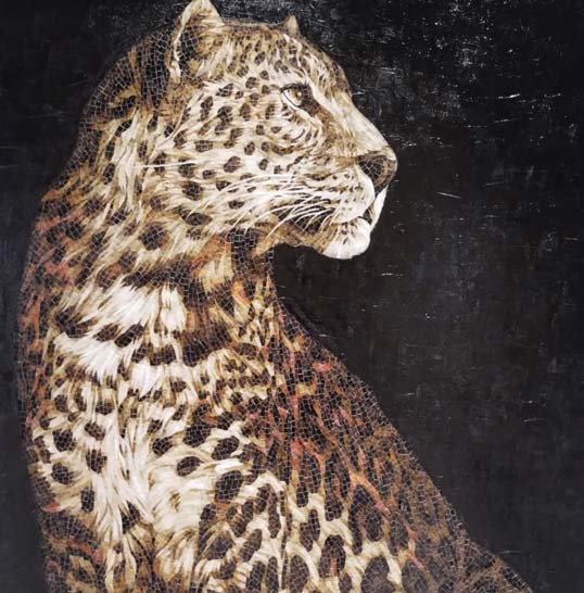 Mosaïque artistique représentant un léopard, idéale pour personnaliser piscines, spas et espaces bien-être haut de gamme