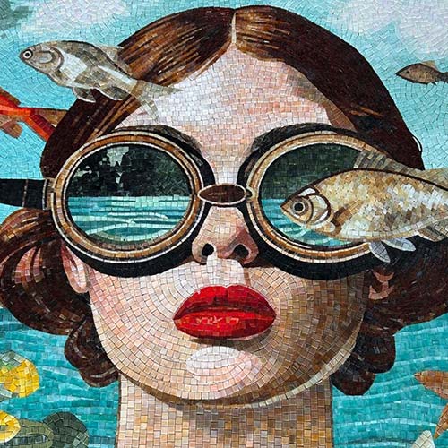 Mosaïque artistique colorée représentant un portrait féminin avec lunettes et poissons, création décorative sur mesure