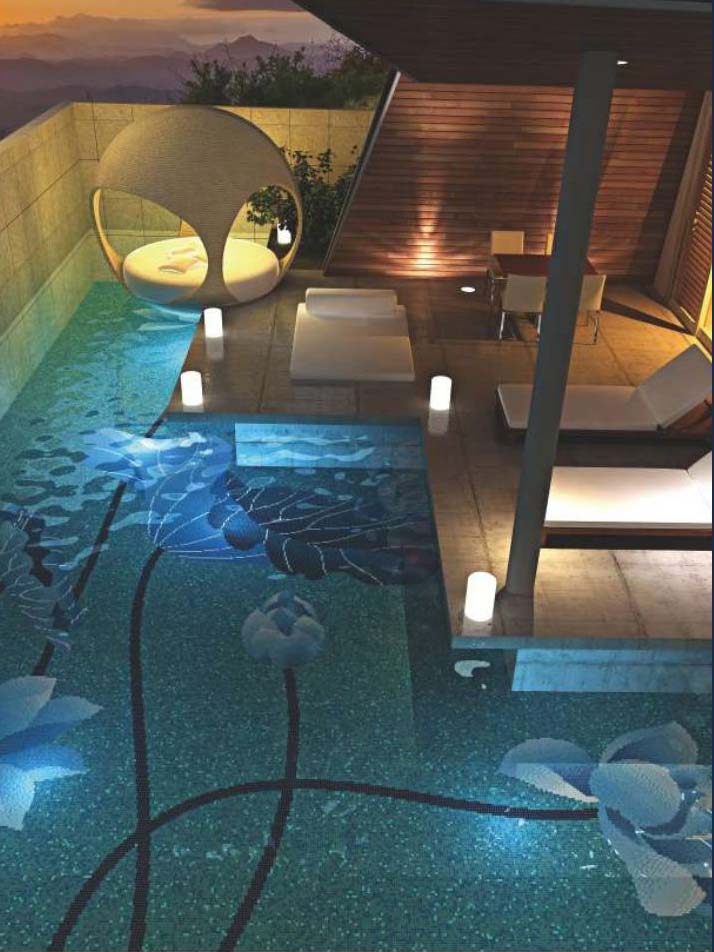 Mosaïque artistique immergée dans une piscine contemporaine créant une ambiance bien-être et un décor personnalisé haut de gamme