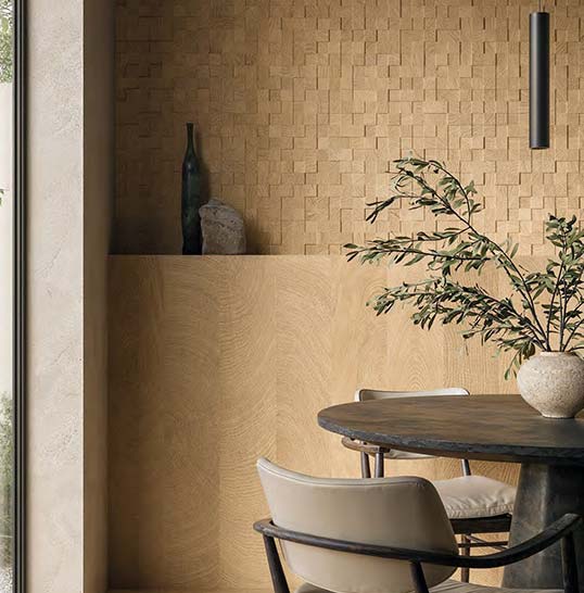 Crédence cuisine en carrelage relief effet bois Crédence de cuisine en carrelage relief effet bois apportant profondeur et signature architecturale