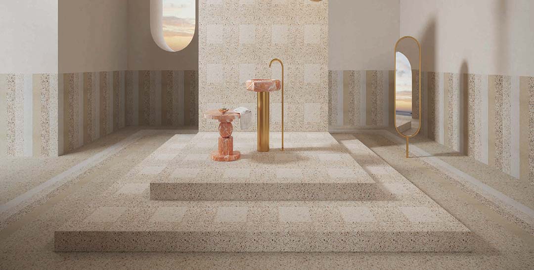 Espace architectural minimaliste en terrazzo beige avec mobilier design et ambiance minérale lumineuse